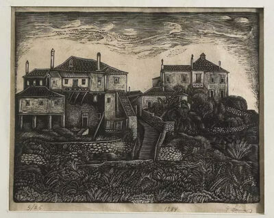 Γιώργος Δούκας, Σπίτια στις Καρυές, 1984, ξυλογραφία