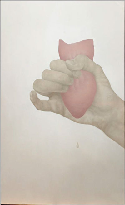 “Under squeezing”, oil on canvas, 180 x 115 cm